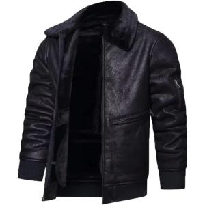 imageINVACHI Mens Faux Leather Jacket Fuzzy Fleece Lined Warm Jacket Vintage Waterproof Motorcycle Jacket with Fur CollarBlack