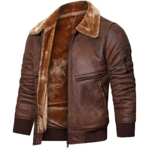 imageINVACHI Mens Faux Leather Jacket Fuzzy Fleece Lined Warm Jacket Vintage Waterproof Motorcycle Jacket with Fur CollarBrown