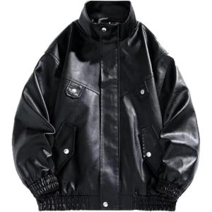 imageINVACHI Mens Faux Leather Jacket Waterproof Motorcycle Jacket ZipUp High Collar Biker Jacket for MenBlack