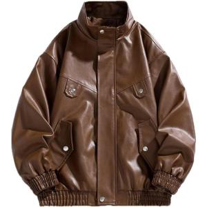 imageINVACHI Mens Faux Leather Jacket Waterproof Motorcycle Jacket ZipUp High Collar Biker Jacket for MenBrown