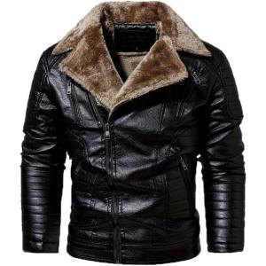 imageINVACHI Mens Faux Leather Jacket with Fur Lapel ZipUp Motorcycle Jacket Waterproof Winter Bomber JacketBlack