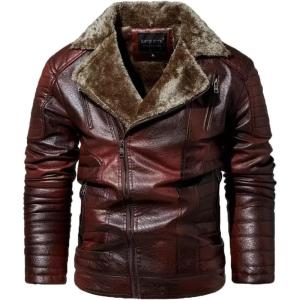 imageINVACHI Mens Faux Leather Jacket with Fur Lapel ZipUp Motorcycle Jacket Waterproof Winter Bomber JacketRed
