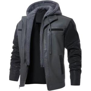 imageINVACHI Mens Faux Leather Motorcycle Jacket Waterproof PU Vintage Bomber with Removable HoodBlack