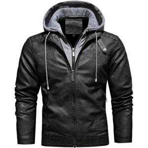 imageINVACHI Mens Hooded Faux Leather Jacket Waterproof Fleece Lined Jacket Leather Biker Jacket MenBlack