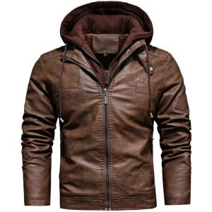 imageINVACHI Mens Hooded Faux Leather Jacket Waterproof Fleece Lined Jacket Leather Biker Jacket MenBrown