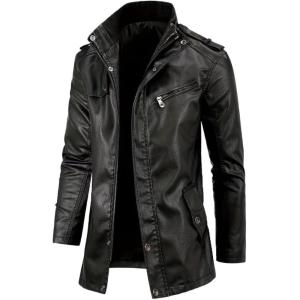 imageINVACHI Mens MidLength Faux Leather Jacket Waterproof Trench Coat Motorcycle Jacket with Stand CollarBlack