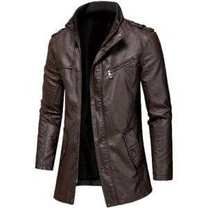 imageINVACHI Mens MidLength Faux Leather Jacket Waterproof Trench Coat Motorcycle Jacket with Stand CollarCoffee