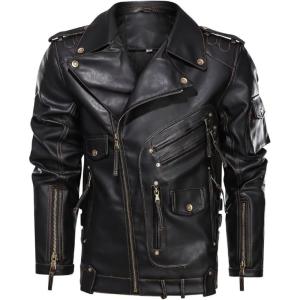imageINVACHI Mens Motorcycle Faux Leather Jacket Zipup Biker Jacket Men Asymmetric PU Leather Coat
