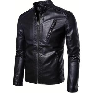 imageINVACHI Mens Stand Collar Faux Leather Jacket Lightweight Motorcycle Jacket Biker Jacket for MenBlack