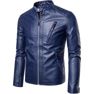 imageINVACHI Mens Stand Collar Faux Leather Jacket Lightweight Motorcycle Jacket Biker Jacket for MenBlue