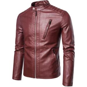 imageINVACHI Mens Stand Collar Faux Leather Jacket Lightweight Motorcycle Jacket Biker Jacket for MenRed