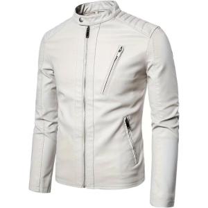 imageINVACHI Mens Stand Collar Faux Leather Jacket Lightweight Motorcycle Jacket Biker Jacket for MenWhite