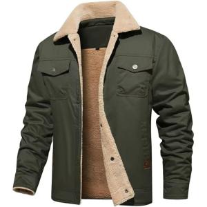 imageINVACHI Mens Winter Jacket Sherpa Jacket Warm Fleece Lined Trucker Coat with Multi PocketsArmy Green