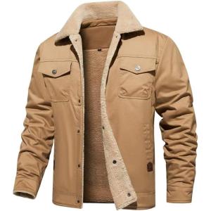 imageINVACHI Mens Winter Jacket Sherpa Jacket Warm Fleece Lined Trucker Coat with Multi PocketsKhaki