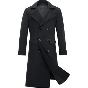 imageINVACHI Mens Wool Blend Long Trench Coat Notched Collar Single Breasted Overcoat Warm Winter Pea CoatBblack