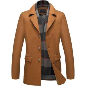 imageINVACHI Mens Wool Blend Pea Coat Warm Winter Trench Coat with Detachable Soft Scarf Single Breasted Overcoat01 Yellow
