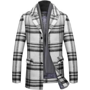 imageINVACHI Mens Wool Blend Pea Coat Warm Winter Trench Coat with Detachable Soft Scarf Single Breasted OvercoatWhite Plaid