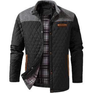 imageINVACHI Mens Casual Diamond Quilted Puffer Down Jacket Lightweight Business Button Coat with Stand CollarBlack