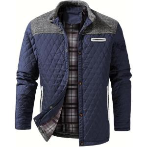 imageINVACHI Mens Casual Diamond Quilted Puffer Down Jacket Lightweight Business Button Coat with Stand CollarBlue