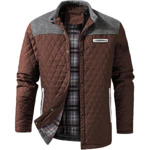 imageINVACHI Mens Casual Diamond Quilted Puffer Down Jacket Lightweight Business Button Coat with Stand CollarBrown