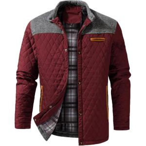 imageINVACHI Mens Casual Diamond Quilted Puffer Down Jacket Lightweight Business Button Coat with Stand CollarRed