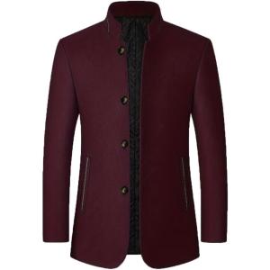 imageINVACHI Mens Classic Wool Blend Coat Stylish Single Breasted Overcoat with Stand CollarRed