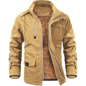 imageINVACHI Mens Winter Jacket Cotton Military Jackets Fleece Lined Thick Work Coats Warm Cargo Jackets with Hooded Pockets33 Khaki