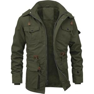 imageINVACHI Mens Winter Jacket Cotton Military Jackets Fleece Lined Thick Work Coats Warm Cargo Jackets with Hooded Pockets35 Army Green