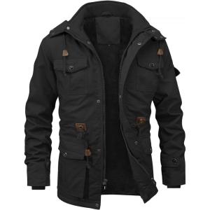 imageINVACHI Mens Winter Jacket Cotton Military Jackets Fleece Lined Thick Work Coats Warm Cargo Jackets with Hooded Pockets35 Black