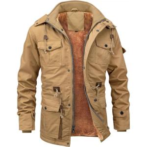 imageINVACHI Mens Winter Jacket Cotton Military Jackets Fleece Lined Thick Work Coats Warm Cargo Jackets with Hooded Pockets35 Khaki