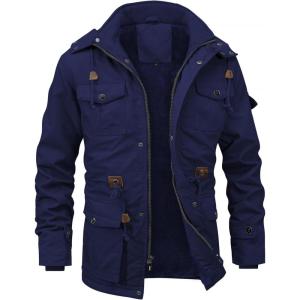 imageINVACHI Mens Winter Jacket Cotton Military Jackets Fleece Lined Thick Work Coats Warm Cargo Jackets with Hooded Pockets35 Navy