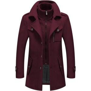 imageINVACHI Mens Wool Blend Coat Warm Winter Trench Coat with Detachable Soft Scarf Single Breasted Pea Coat13 Wine Red