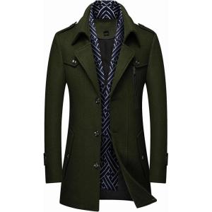 imageINVACHI Mens Wool Blend Coat Warm Winter Trench Coat with Detachable Soft Scarf Single Breasted Pea CoatArmy Green
