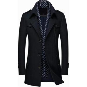 imageINVACHI Mens Wool Blend Coat Warm Winter Trench Coat with Detachable Soft Scarf Single Breasted Pea CoatBlack