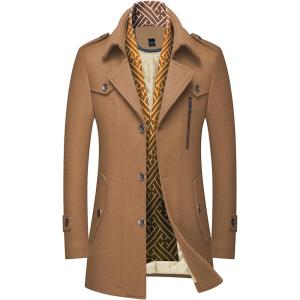 imageINVACHI Mens Wool Blend Coat Warm Winter Trench Coat with Detachable Soft Scarf Single Breasted Pea CoatCamel