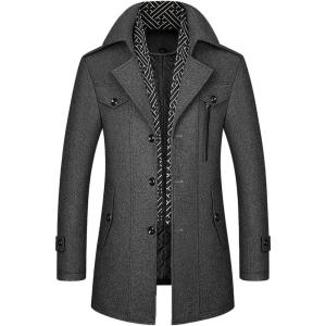 imageINVACHI Mens Wool Blend Coat Warm Winter Trench Coat with Detachable Soft Scarf Single Breasted Pea CoatGrey