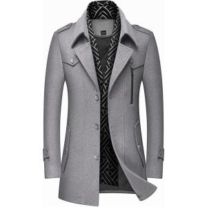 imageINVACHI Mens Wool Blend Coat Warm Winter Trench Coat with Detachable Soft Scarf Single Breasted Pea CoatLight Grey