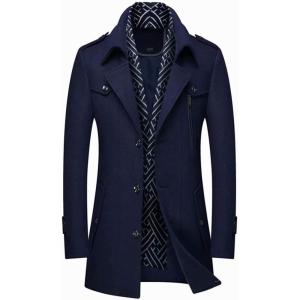 imageINVACHI Mens Wool Blend Coat Warm Winter Trench Coat with Detachable Soft Scarf Single Breasted Pea CoatNavy