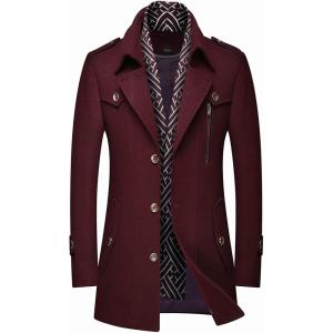 imageINVACHI Mens Wool Blend Coat Warm Winter Trench Coat with Detachable Soft Scarf Single Breasted Pea CoatWine Red