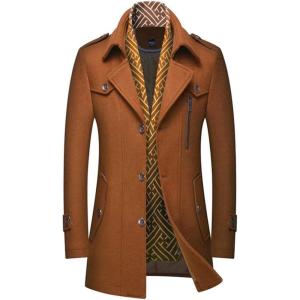 imageINVACHI Mens Wool Blend Coat Warm Winter Trench Coat with Detachable Soft Scarf Single Breasted Pea CoatYellow