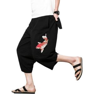 imageINVACHI Mens Linen Harem Capri Pants Lightweight Elastic Waist Casual Baggy Pants Beach Yoga TrousersAblack