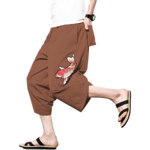 imageINVACHI Mens Linen Harem Capri Pants Lightweight Elastic Waist Casual Baggy Pants Beach Yoga TrousersAkhaki