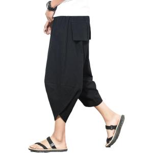 imageINVACHI Mens Linen Harem Capri Pants Lightweight Elastic Waist Casual Baggy Pants Beach Yoga TrousersJblack