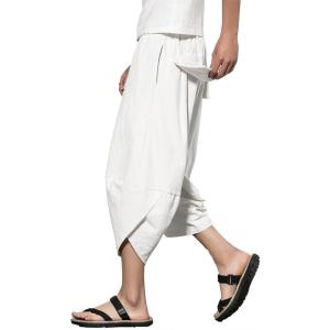 imageINVACHI Mens Linen Harem Capri Pants Lightweight Elastic Waist Casual Baggy Pants Beach Yoga TrousersJwhite