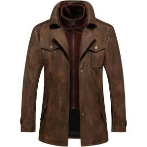 imageINVACHI Mens Faux Leather Trench Coat Waterproof PU Windbreaker Jacket with Detachable Collar Stylish OuterwearBrown