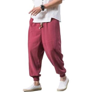 imageINVACHI Mens Baggy Harem Pants Japanese Linen Sweatpants Elastic Waist Hip Hop Joggers for MenRed41