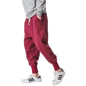 imageINVACHI Mens Baggy Harem Pants Japanese Linen Sweatpants Elastic Waist Hip Hop Joggers for MenRed46