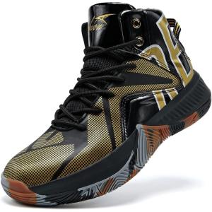 imageASHION Unisex Kids Basketball Shoes Air Boys Girls High Top Sneakers Breathable Outdoor Cushioning Athletic ShoesF15Gold Black