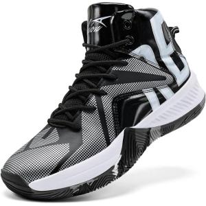imageASHION Unisex Kids Basketball Shoes Air Boys Girls High Top Sneakers Breathable Outdoor Cushioning Athletic ShoesF15Silver Black