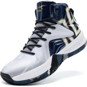 imageASHION Unisex Kids Basketball Shoes Air Boys Girls High Top Sneakers Breathable Outdoor Cushioning Athletic ShoesF15White Blue